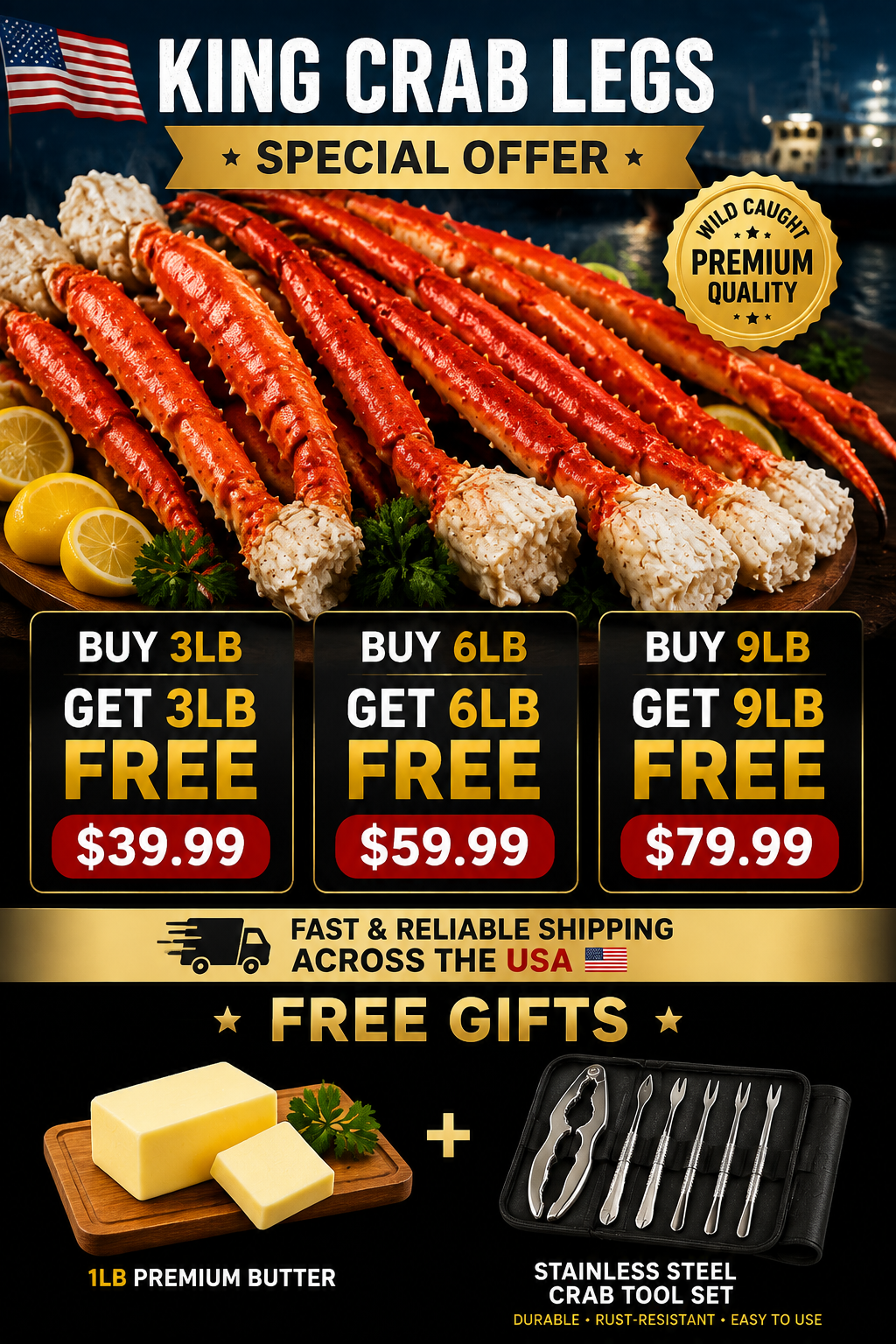 🦀 Premium King Crab Legs – Wild-Caught, Extra Large Size, Sweet & Tender Meat Seafood Feast Delivered Fresh
